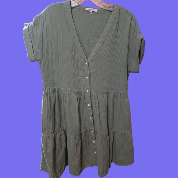 Madewell Cuff Sleeves Gauze Button-Front Tiered Mini Dress Sage Green Xsmall - Picture 12 of 13